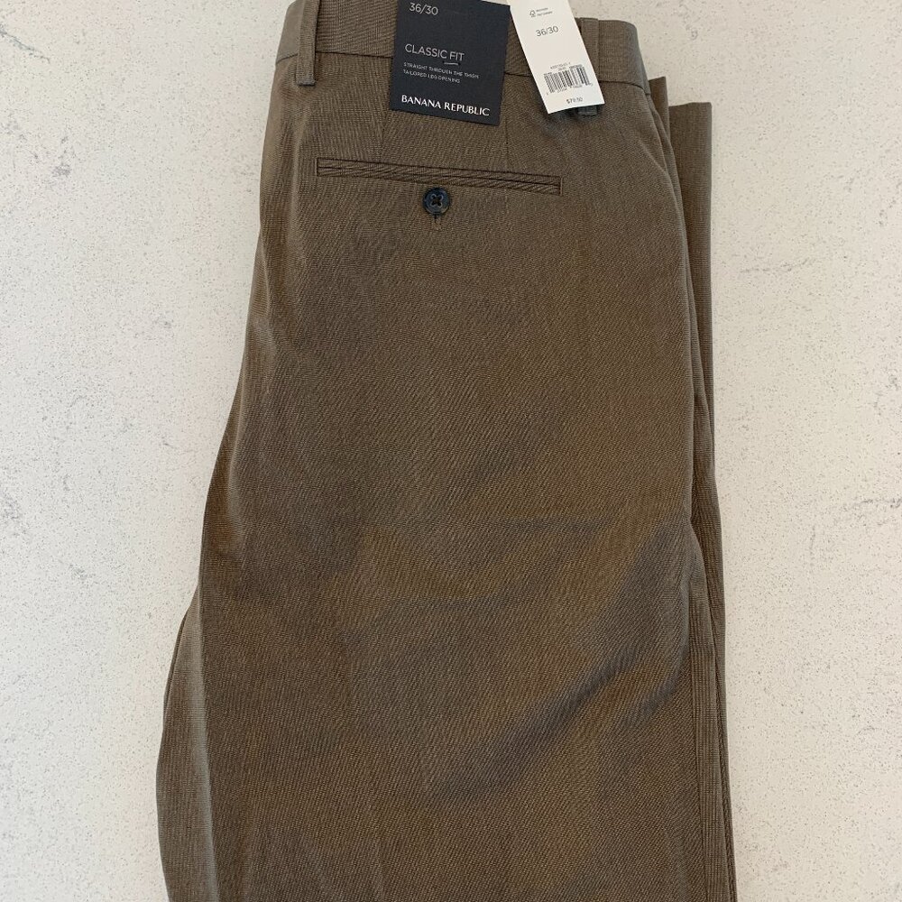 BANANA REPUBLIC Men's Dress Slacks 36x30 | NWT | Brown Cotton Flat-Front